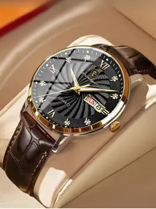 Men's Leather Strap Watch, Dial with Roman Numerals, Luminous Hands, Date Function, Stainless Steel Case, Quartz Movement, Business Fashion Watch