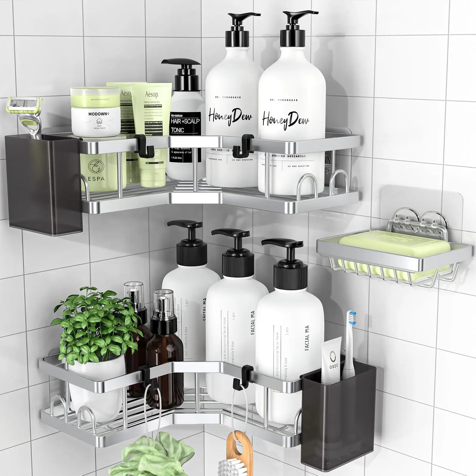 PKBD Corner Shower Caddy 3 Pack Bathroom Storage No Drilling Bathtub Storage with Soap Holder Hooks Toothpaste Holders Rustproof Stainless Steel Suction Washroom Accessories Silver