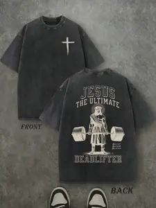 Men'S Vintage Washed T-Shirt The Ultimate Deadlifter Graphic Print - Oversized Streetwear Tee, Faith & Weightlifting Design, All-Season Comfort, Ideal Gift for Gym & Christian Men, Casual Round Neck Loose Fit ( The Ultimate Deadlifte 90s graphic tees vi