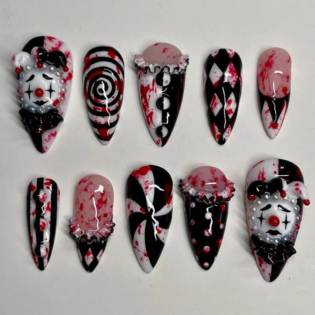 Killer Clown Press On Nails Set 3D Clown Face Harlequin Red Black White Halloween Nail Art for Beaches, Summer, Holiday, Vacation, Birthday