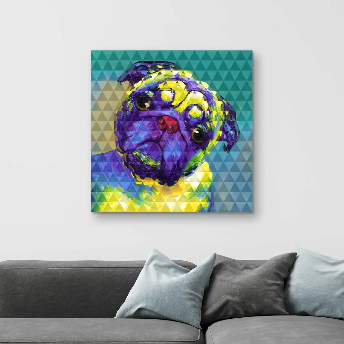 212 MAIN 32x32 in. Geometric Pug Wall Print - Green Home Decor Artwork, Modern Abstract Cartoon, Vibrant Geometric Design, Ideal Gift for Room Enthusiasts, Home Decoration