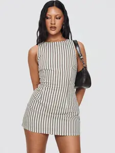 Princess Polly Yumiko Romper Brown Stripe Cotton Tie-back Stripe Romper Crew Neckline Built-in Shorts Zip Closure Non-stretch Fully Lined Dress for Women - Womenswear, Fit