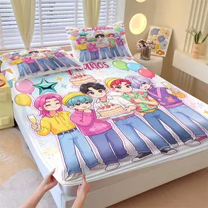 3-Piece K-pop Boy Group Fitted Sheet Set, 1 Fitted Sheet + 2 Pillowcases, Soft Comfortable Breathable Fabric, Deep Pocket Non-Slip Mattress Cover, Wrinkle Resistant All Season Kawaii Cartoon Bedding for Kids Teens Bedroom