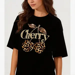 Women's Lady's Unisex Leopard-Cherry Print Crop T-Shirt - Round Neck, Short Sleeve, Fitted, Everyday Casual Statement Top for Spring, Summer, Multiple Colors Available