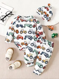 Three-piece Set Toddler Boy's Cartoon Tractor Print  Bodysuit &   Pants & Hat Set, Casual Cute Three-piece Outfits for Spring & Fall, Kids Clothes for Daily Wear, Infant Toddler Clothes