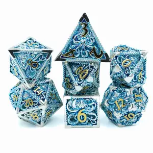 Octopus Hollow Metal DnD Dice Set: 7-Piece Oceanic Cthulhu RPG Dice in Black Velvet Bag for Dungeons and Dragons Pathfinder