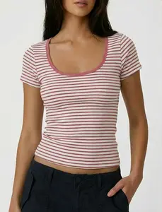 Womens Spring Tops 2026 Ribbed Short Sleeve U Neck Fitted Basic Tee Casual Going Out Summer Top
