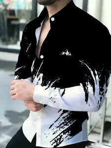 Men's Black and White Ink Splatter Mountain Print Breathable Collared Long Sleeve Button up shirt