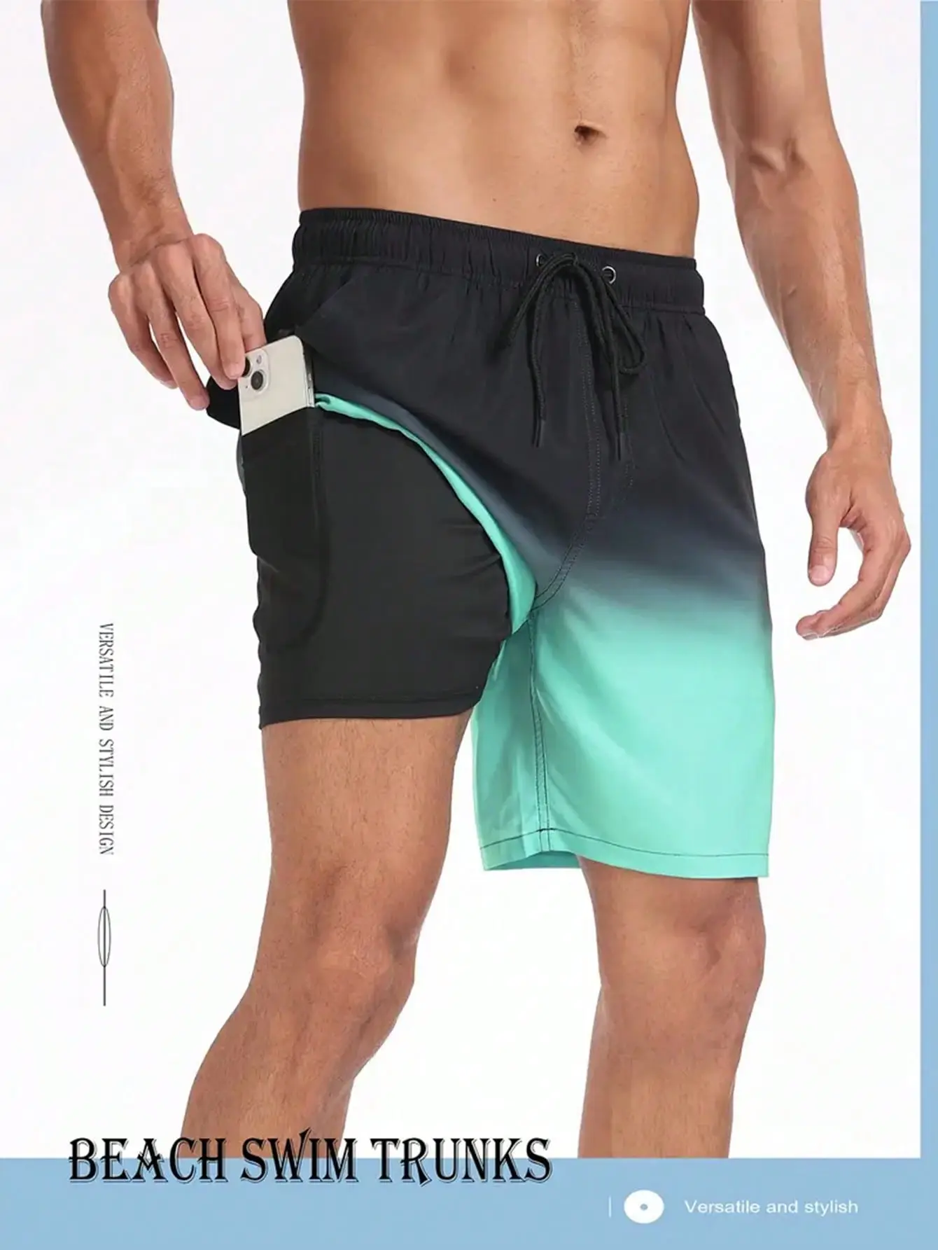 Hot Mens 2 In 1 Polyester Compression Gradient Printing Swim Shorts Summer Breathable Lining Sports Workout Gym Running Shorts Men's Board Shorts