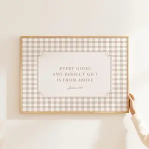 James 117 Bible Print, Every Good and Perfect Gift Print, Christian Nursery Wall Art, Beige Gingham Nursery Decor