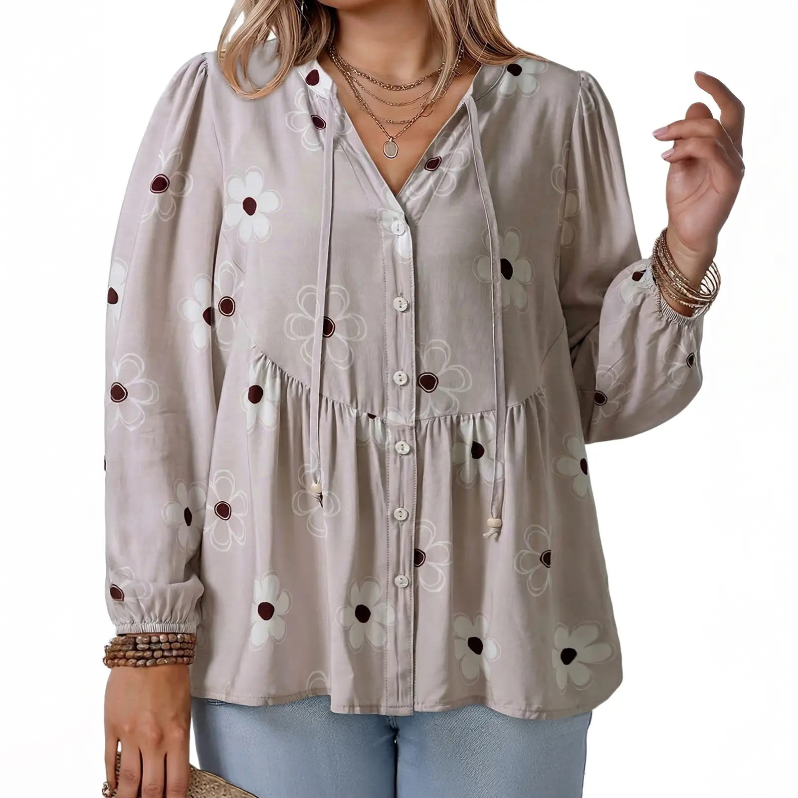 Eytino Womens Floral Print Tied V Neck Button Front Long Sleeve 2026 Fall Babydoll Blouse Casual Shirt (1X-5X)