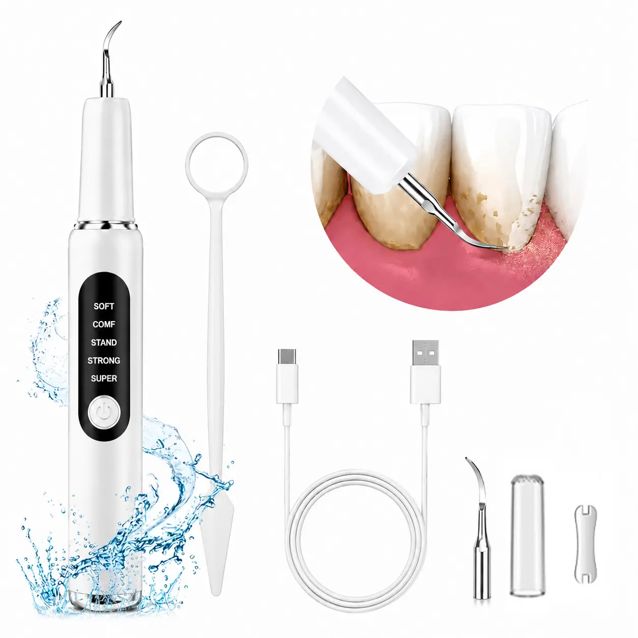 Oral plaque and tartar remover, rechargeable teeth cleaning set with 5 modes (includes dental tools), electric teeth cleaner with LED light, 2 replaceable brush heads, pet-safe, oral care, gentle on gums, Cleansing, Home/Travel