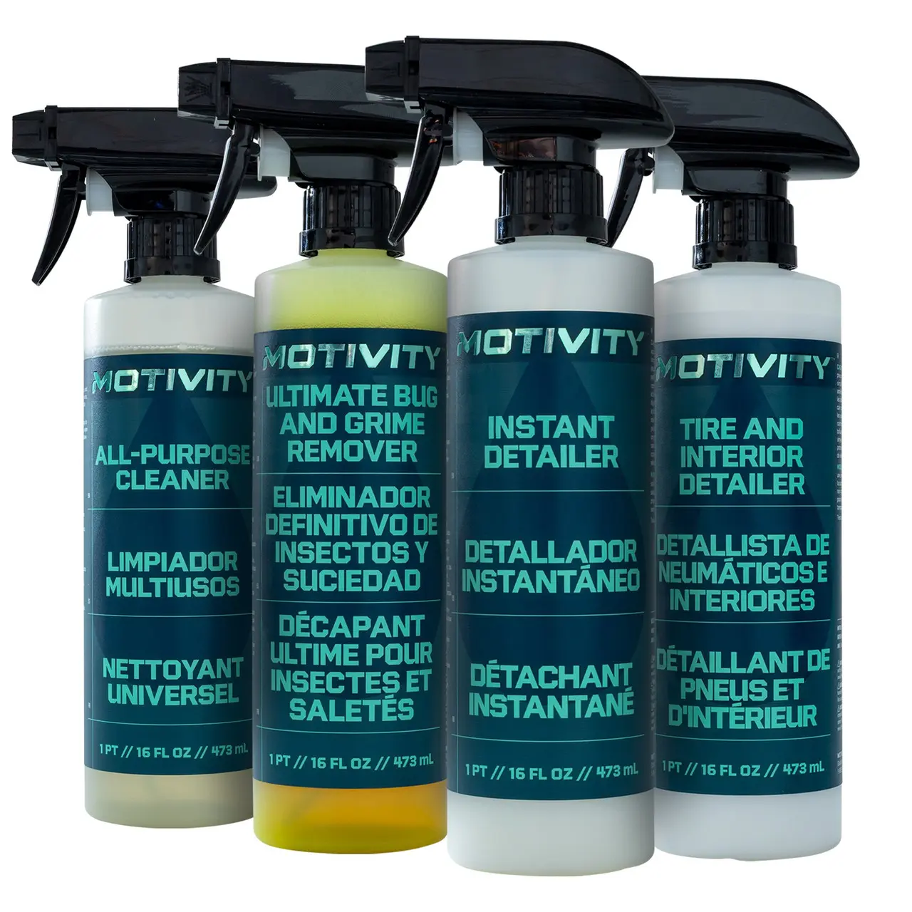 MOTIVITY Spray Cleaner Kit - Includes Tire & Interior Detailer, Instant Detailer, Ultimate Bug & Grime Remover, and All-Purpose Cleaner Sprays - 16 fl oz each