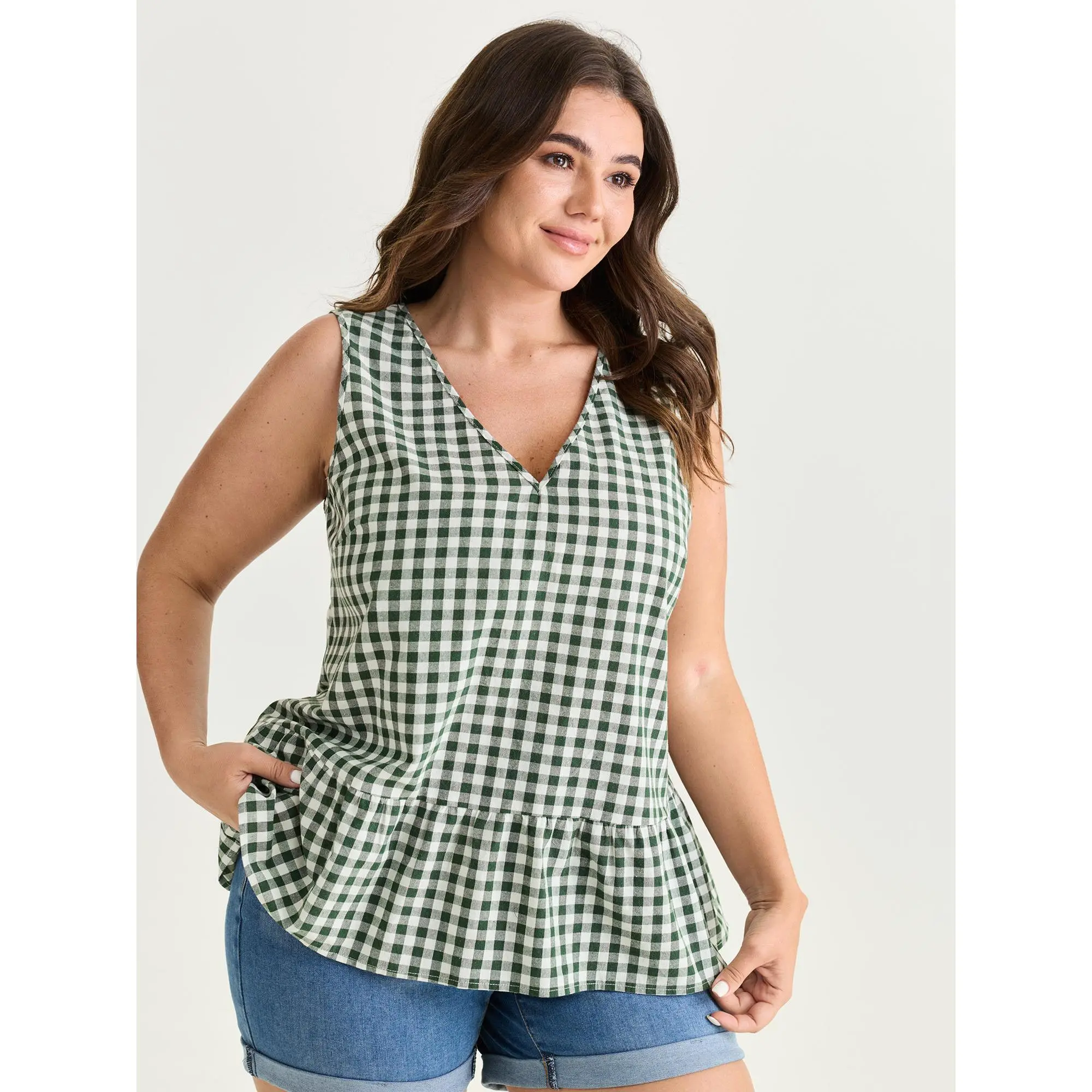 BloomChic Plus Size Plaid V-Neck Top, Casual Sleeveless Comfy Cotton Blend Fabric with Open Back Bowknot Detail, Plus Size Clothes, Comfy Casual, Plaid Print, Regular Length, Blouse, Chic Curves, Basic, Backless, Do Not Tumble Dry, Smooth, Garment