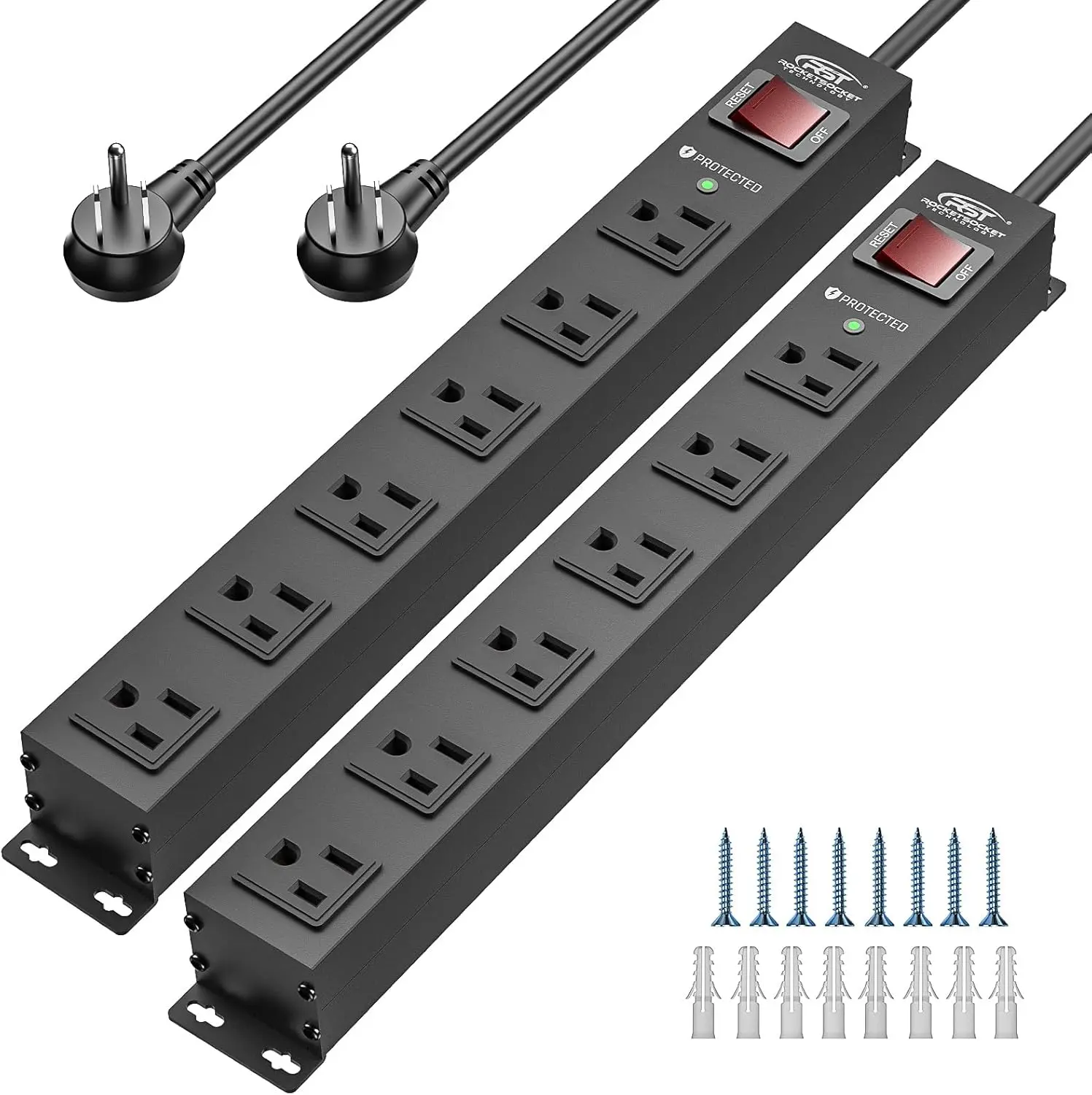 CRST 2-PK Metal Wired Rectangle Eco-Friendly Power Strip - 1.5mm Thick Aluminum Alloy 6-Outlet Wider Spaced Surge Protector with Protection, 2100J 15A 1875W Heavy-Duty Mountable 6FT Plug Extension Cord Bar, 36-Month Warranty for DIY Projects, Accessories