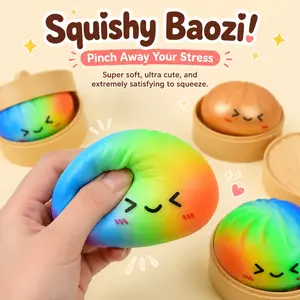 Cute Dumpling Squishy Toy with Mini Steamer Basket, Rainbow Steamed Stuffed Bun Fidget Sensory Toy for Kids and Adults, Soft Stress Relief Ball for Anxiety, ADHD, Kawaii Desk Accessory