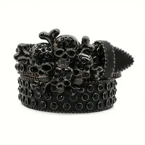 Street Style Punk Skull Studded Belt with Rhinesnes, UniGender Hip Hop Fashion Decorative Belt, PU Leather with Alloy Buckle - 1Count
