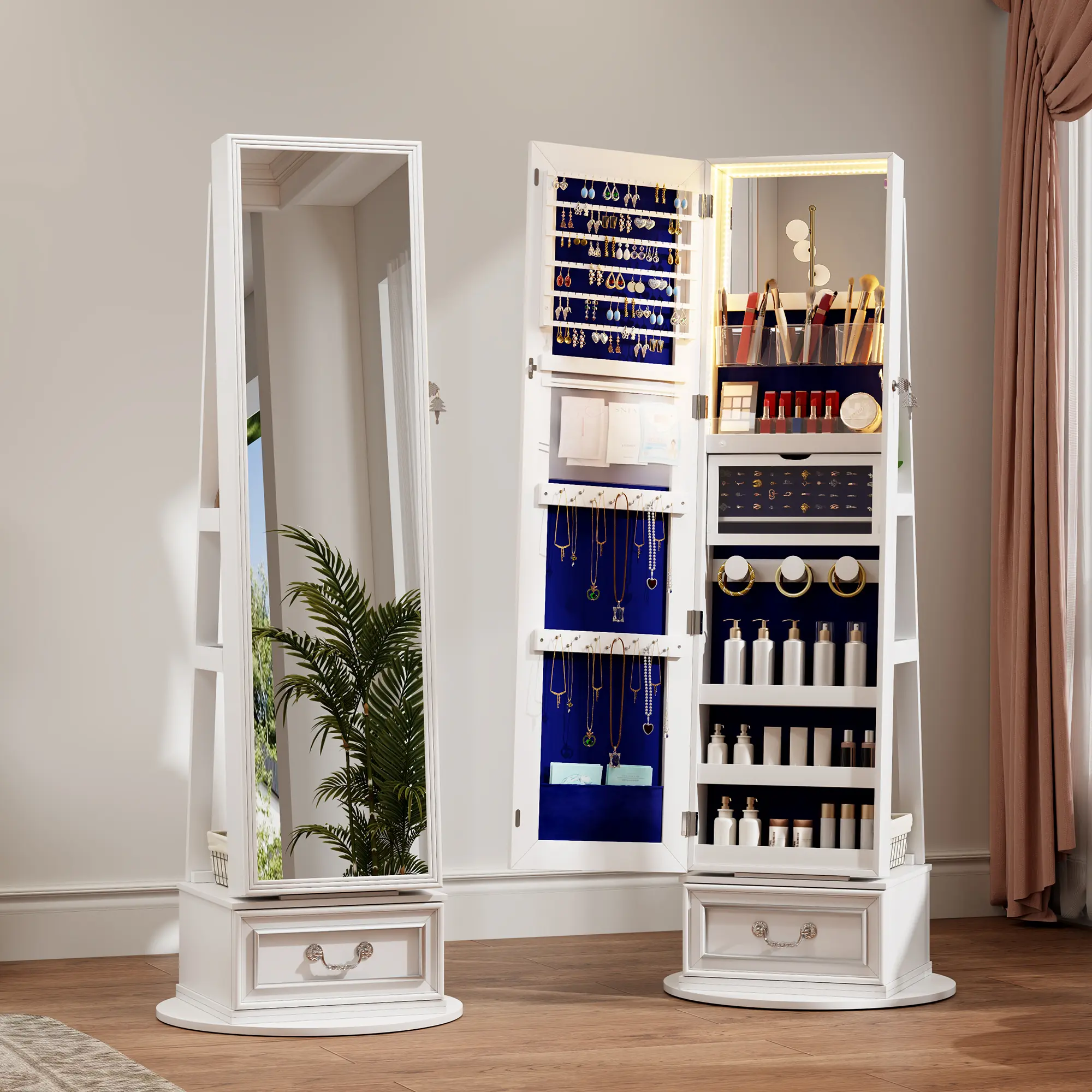 Vlsrka Vintage Rectangle Full-Length Jewelry Armoire with Mirror - Built-in LED Lighting, Adjustable Sleek Finish Wood Sturdy Frame, Rotating Base, Elegant Look Upgrades Vanity, Freestanding Any Corner Bedroom Storage Cabinet, Decor, Bright Led For Quick