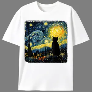 Starry Night Black Cat Women’s Graphic Tee |   Unisex Artistic Aesthetic Casual T-Shirt |   Summer Art & Cat Lover Gift