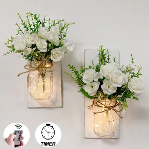 YI LIGHTING - Set of 2, Rustic Wall Sconces - Mason Jars Sconce with Iron Hooks, Flowers, Fairy Lights Remotes for Home Wall Decoration Gift