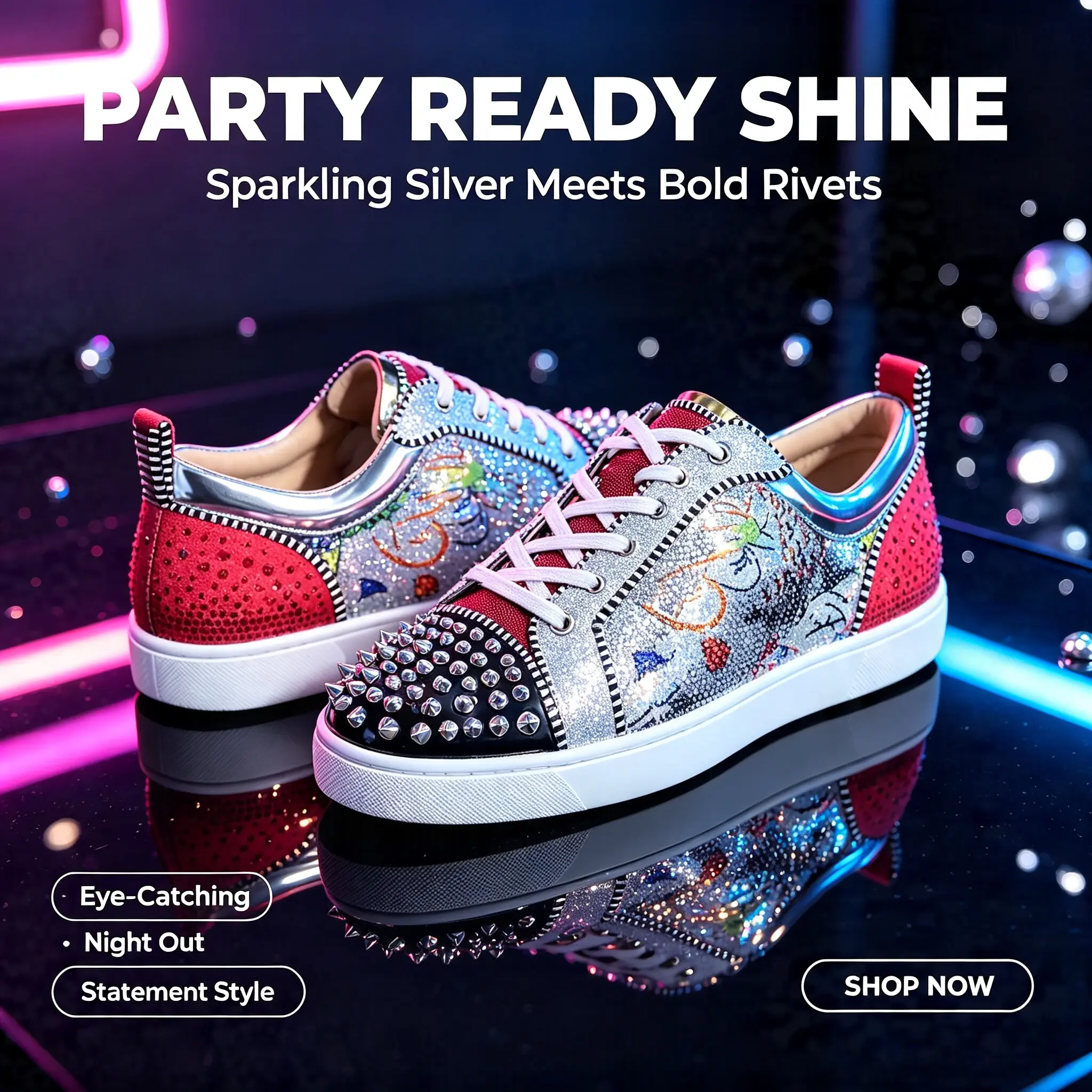 Men's Silver Rivet Low Top Sneakers, Shiny Pattern Lace Up Casual Shoes, Fashion Street Footwear for Party Daily Night Out