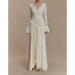 Women’s Long Sleeve Cocktail Dress – Shapewear Tummy Control, Deep V-Neck Lace Mermaid Maxi Dress