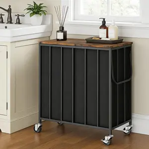 120L Laundry Hamper with Wheels and Lid, Rolling Laundry Basket with Dual Removable Liners, Soft-Close Flip-Top Wooden Lid, Metal Handles, Clothes Organizer for Bedroom and Laundry Room