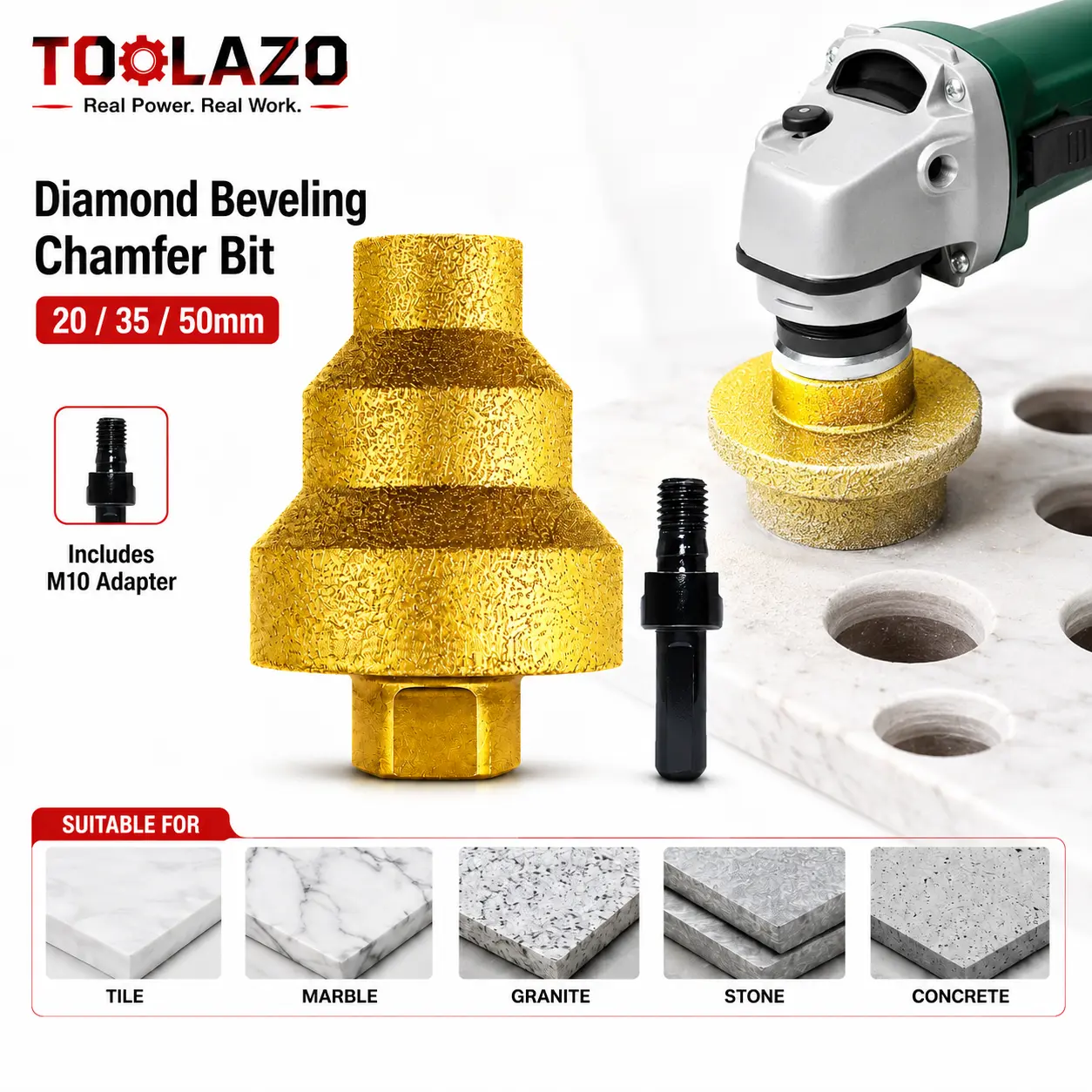 Diamond Core   with M10 Adapter Rod, 20-35-50mm Beveling Chamfer  for Drilling Holes in Porcelain Tile, Stone, Concrete - Complete Kit for  Use, Fits 1/2" Chuck, NOT for 5/8" Grinder wheel segs heavy duty angle wheel countersink