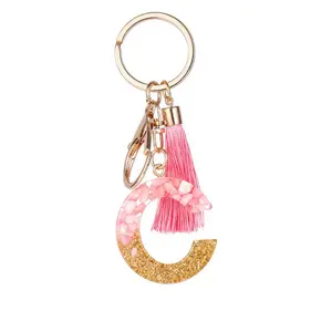Tassel Keychain — Includes 26 Resin English Letter Charms (Gold Foil, Pink Shell, and Tassel Styles)