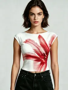 Elegant Floral Print Round Neck Slim Fit Sleeveless Top, Casual Summer Women's Fitted T-Shirt, Fashionable and Comfortable Design
