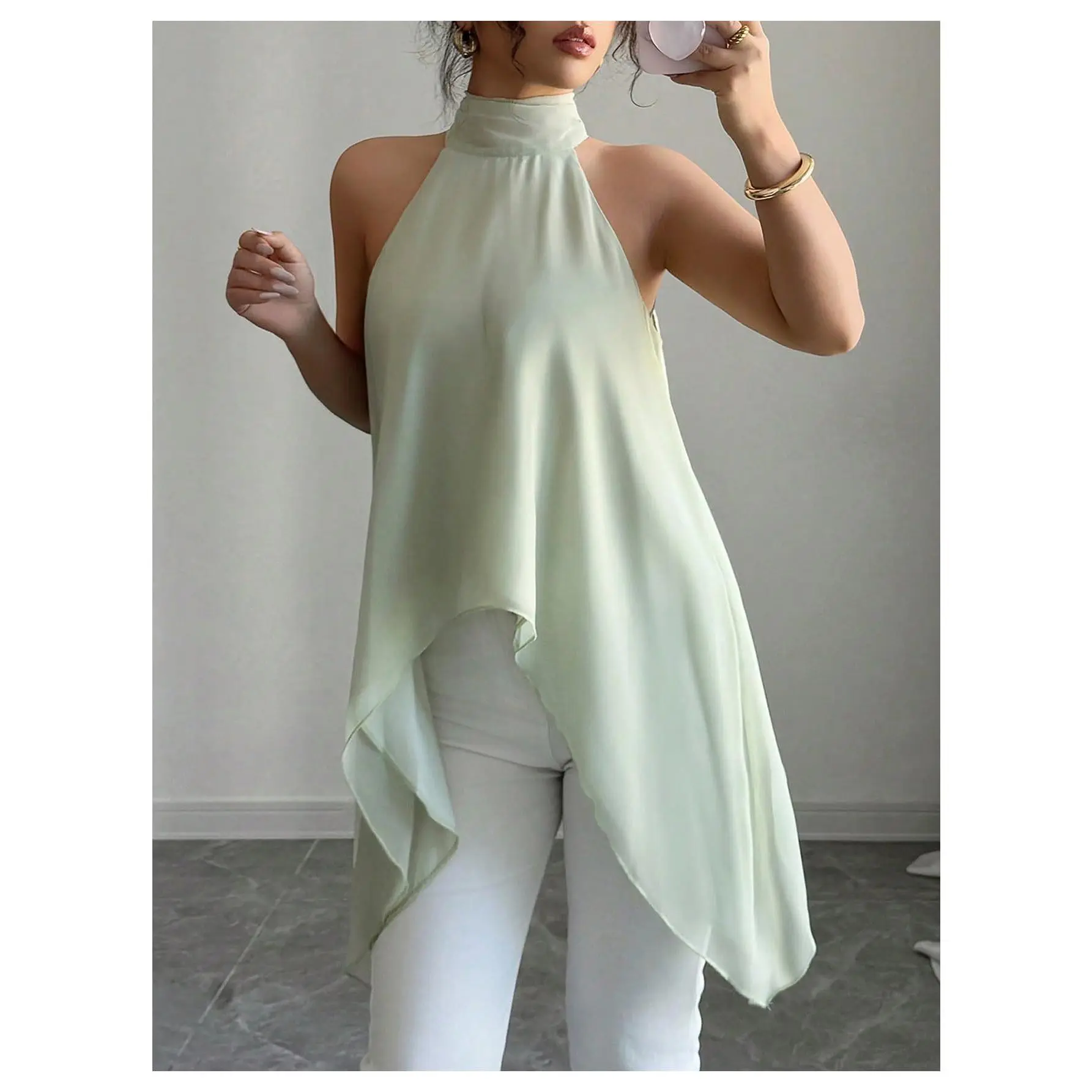 Chiffon Sleeveless Halter Tops Asymmetrical Hem Tie Back Blouse Layer Flowy Going Out Top
