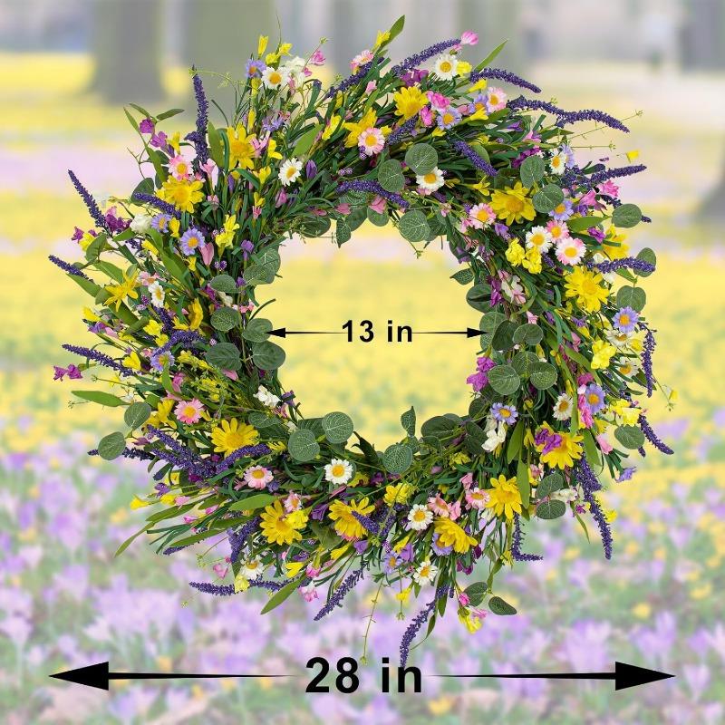 J'FLORU Spring Wreaths for Front Door 22 Inch Artificial Summer Wreath Daisy and Lavender Wreath with Wildflowers for Home Wall Farmhouse Springtime Easter Holiday Party