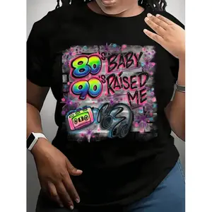 Women's T-Shirt with 80s 90s Raised Me Retro Pop Art Print, Neon Colors And Cassette Tape Design, Perfect for 90s Themed Parties And Casual Wear