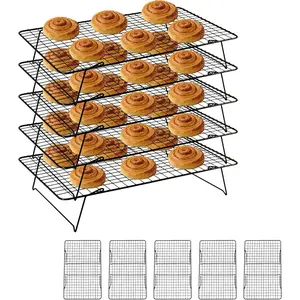 Cooling Rack, 5 Tier Stackable Cooling Racks for Cooking Baking Roasting, Multi-Level Collapsible Cookie Rack for Cakes, Oven Safe & Easy Clean (Black, 5-Tier)