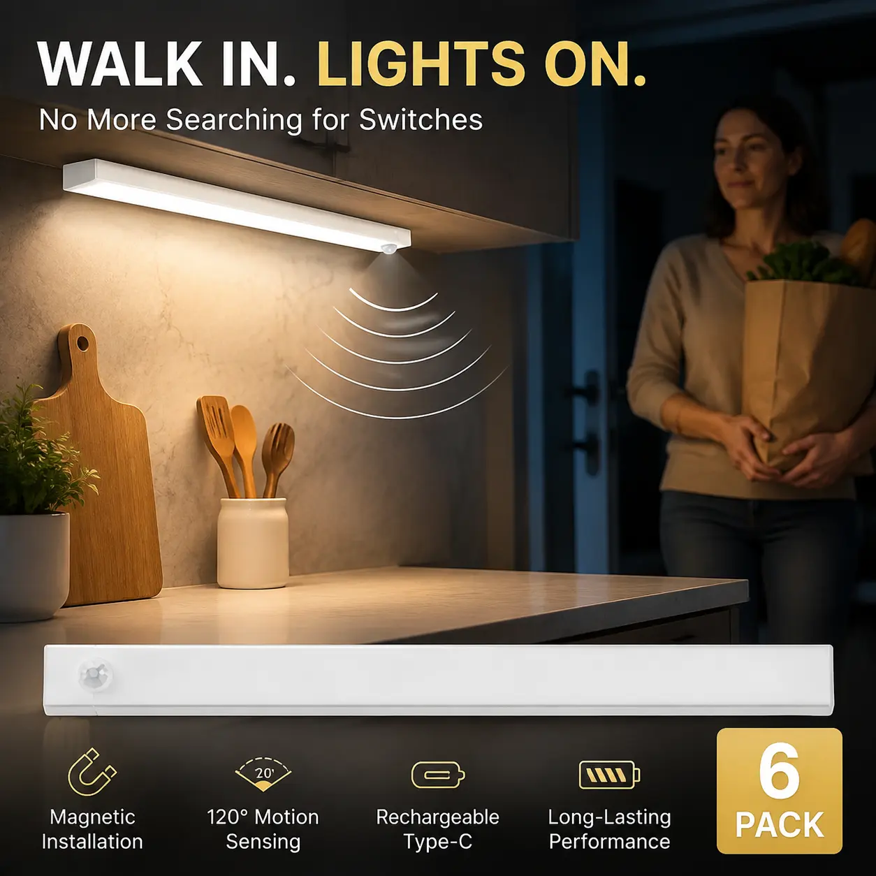 6-Pack 13-Inch Motion Sensor Under Cabinet Lights, Rechargeable Magnetic LED Light Bars with Type-C Charging for Kitchen, Stairs, Closet and Bedroom