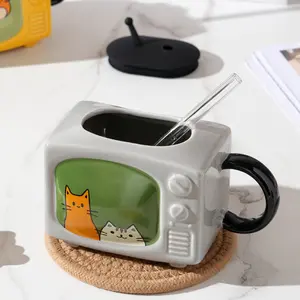 Cute Cat Design Ceramic Cup with Lid & Straw, Perfect Gift for Coffee Lovers, Durable Kitchen Accessory, Stylish Drinkware