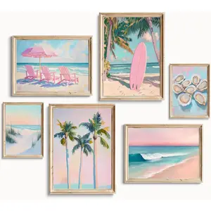 6Pcs Pastel Beach Wall Art Prints Summer Coastal Granddaughter Palm Tree Oyster Posters Ocean Landscape Preppy Beachy Aesthetic Wall Decor Pictures Girly Dorm Gallery Decoration Unframed