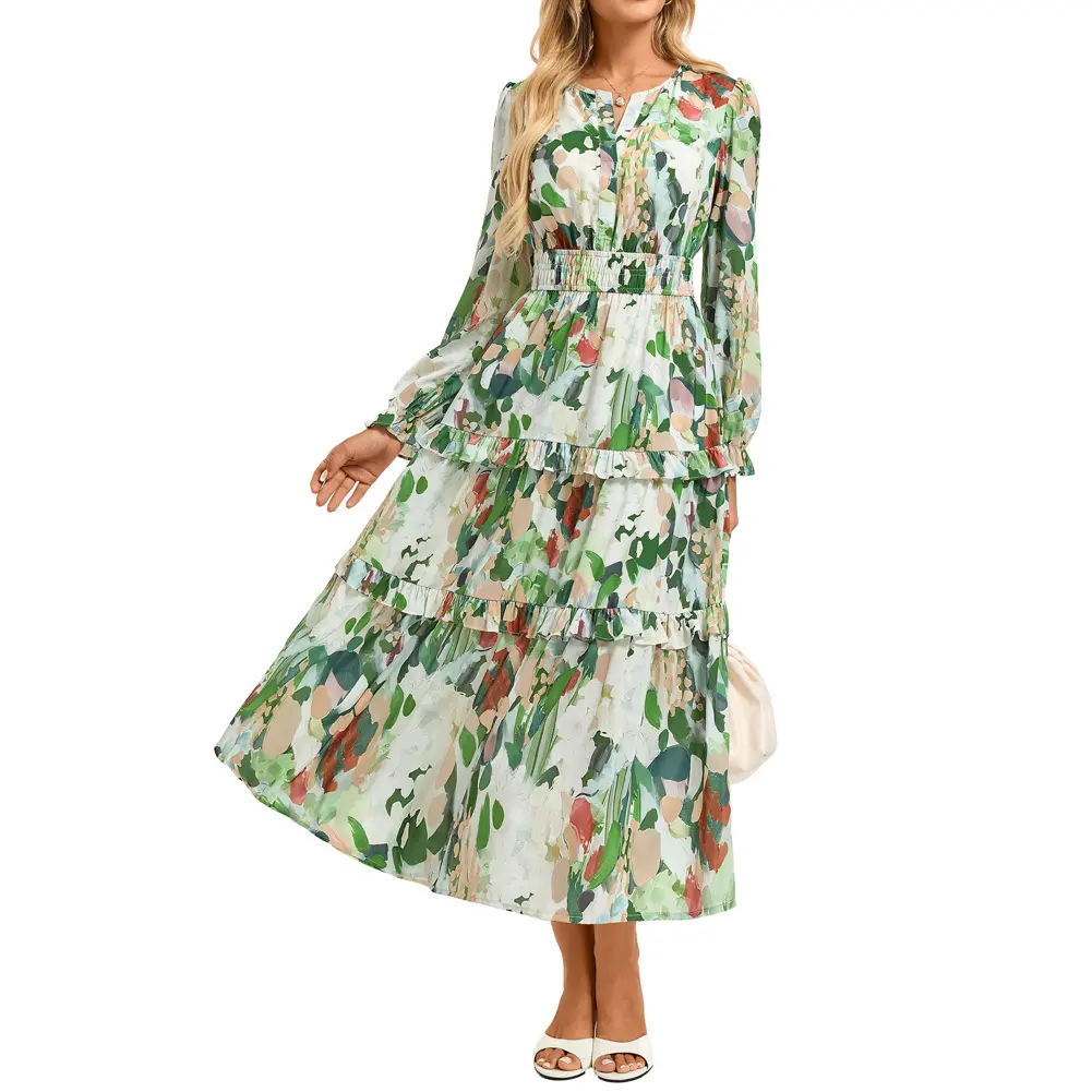Grace Karin Women's Chic Floral Chiffon Midi Dress with V-Neck and Long Ruffle Sleeves, A-Line Wedding Guest Gown with Pockets