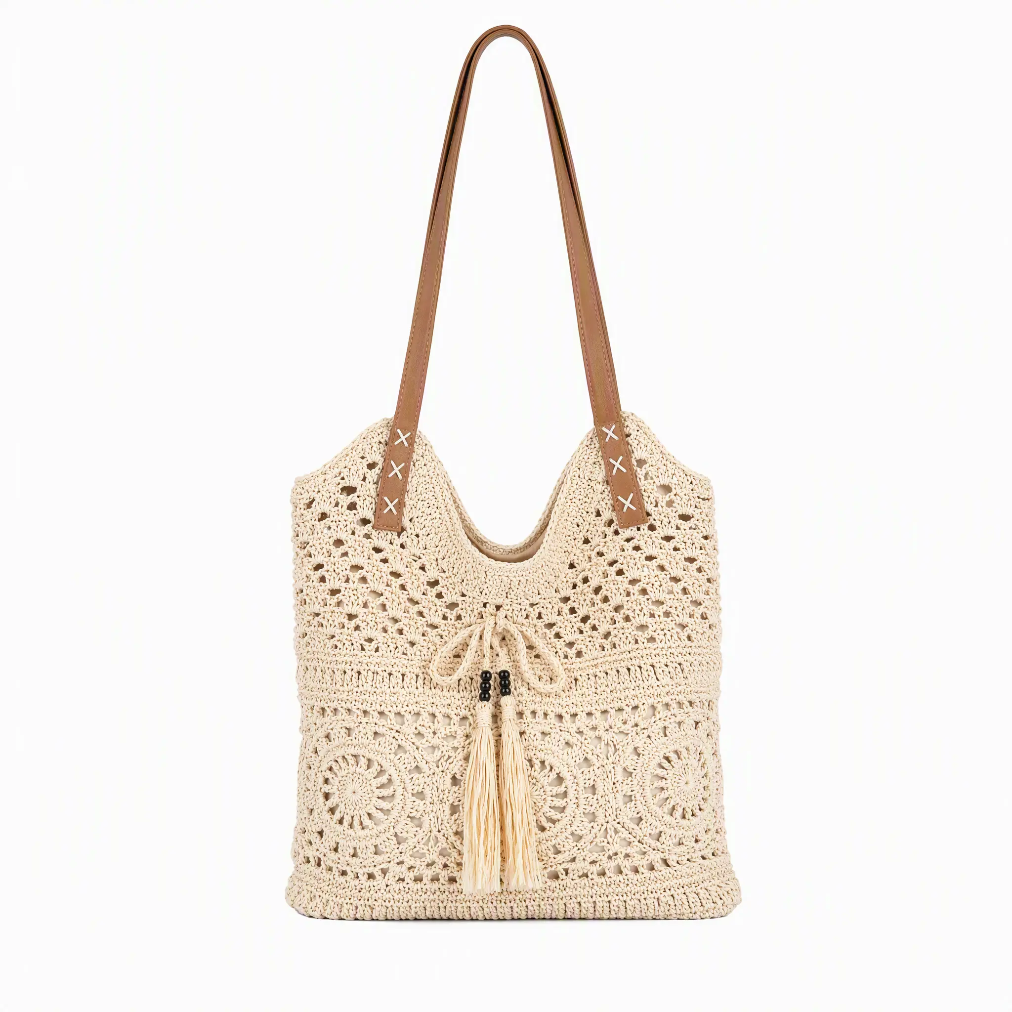 Women's Boho Handmade Cotton Rope Crochet Tote Bag, Casual Natural Hollow Design Shoulder Bag with Tassels & Decorative Wooden Beads for Summer Travel