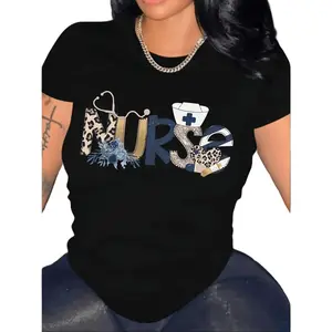 Nurse Themed Graphic T-Shirt for Women Casual Crew Neck Short Sleeve Tee in Black Premium Smooth Fabric Classic Fit Elastic Ribbed Neckline