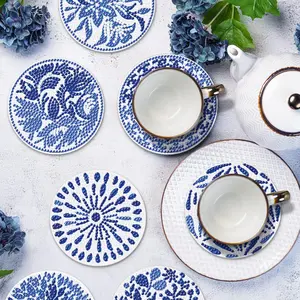 8 Pack DIY Blue Flower Diamond Painting Coasters with Holder, Diamond Art Coasters, Blue Series Coaster Diamond Art Kits for Holiday Gift, Beginners Round Full Drill Diamond Art Craft Supplies