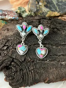Handmade Sterling Silver Cotton Candy Post Heart Dangle Earrings "Signed Nizhoni"
