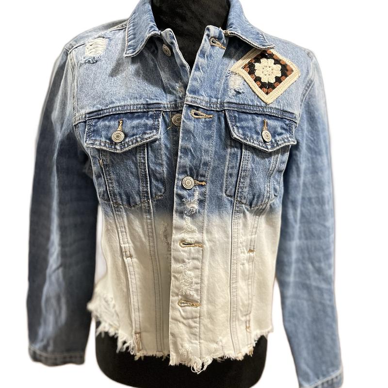 Women's Ombré Raw Hem Denim Jacket with Black, Brown and Ivory Crocheted Squares - Womenswear, Coats