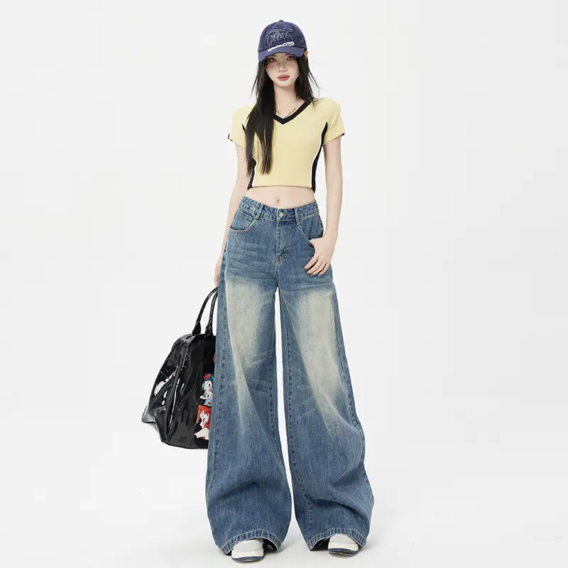 Retro Washed Distressed Blue Jeans Spring and Summer New Drape Wide Leg Straight Jeans Trousers & Lengthened Womenswear Bottom Pants Denim jean