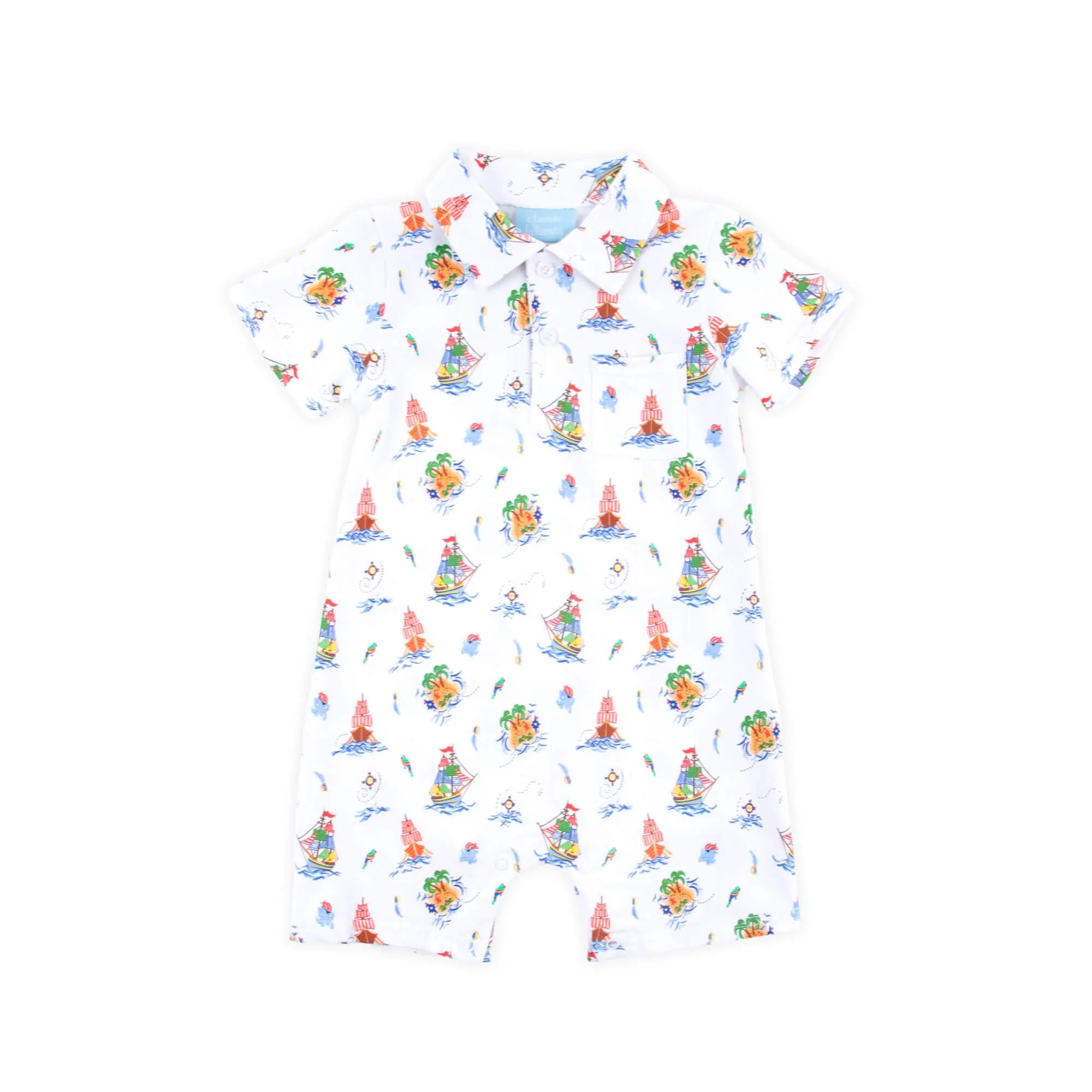 Pirate Ship Print Polo Romper - Soft Knit 1Pc Outfit for Little Boys