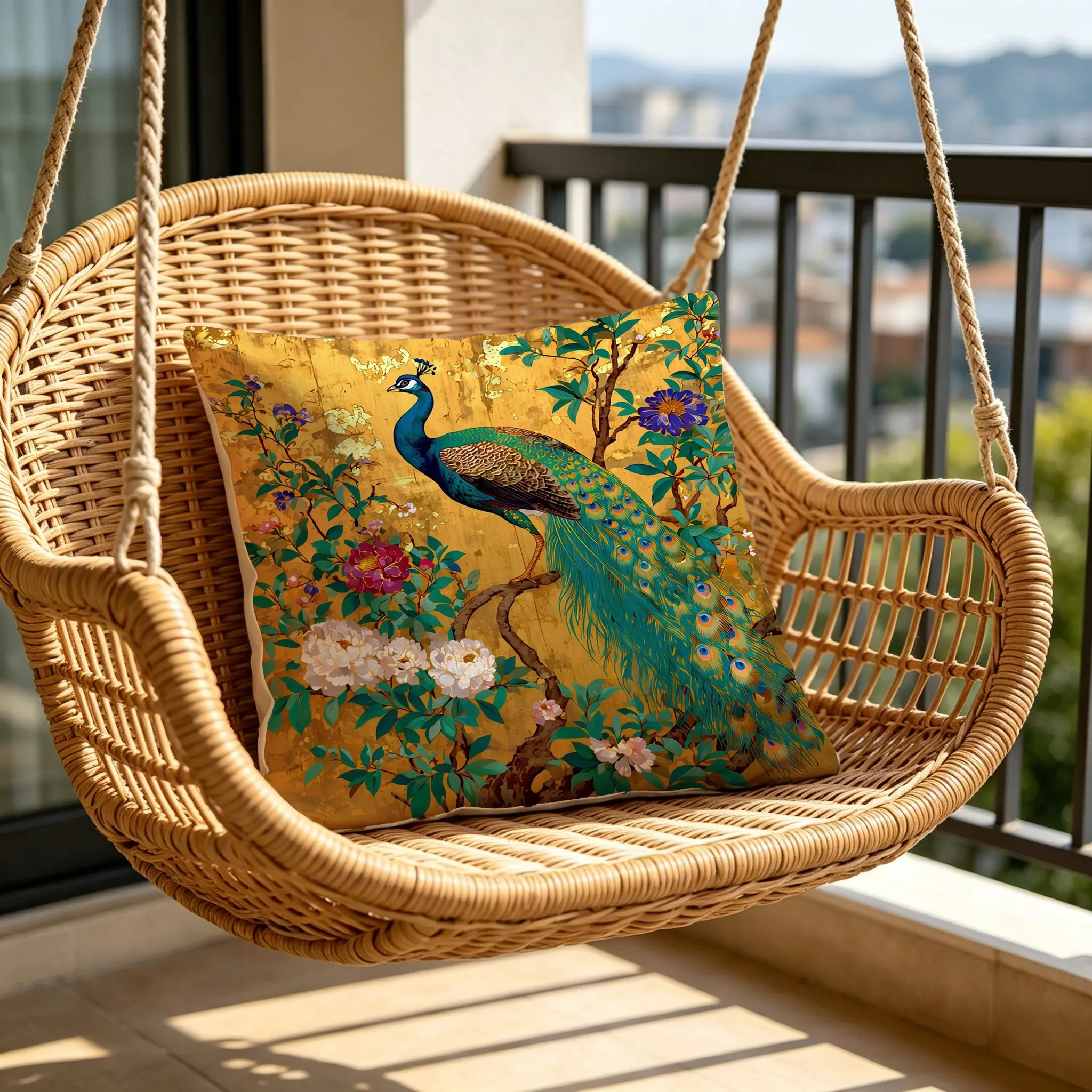 Vintage Gold Base Peacock Poinsettia Pillow Cover, New Chinese Style Luxury Cushion Case, Lucky Wealth Symbol for Living Room Sofa Bed Head Decor