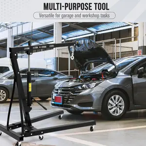 2 Ton Folding Hydraulic Engine Hoist - Shop Garage Workshop Warehouse Lifter - Red Heavy Duty Telescopic Boom Cherry Picker Crane - 6 Swivel Casters, Leveler, 4400LBS Capacity