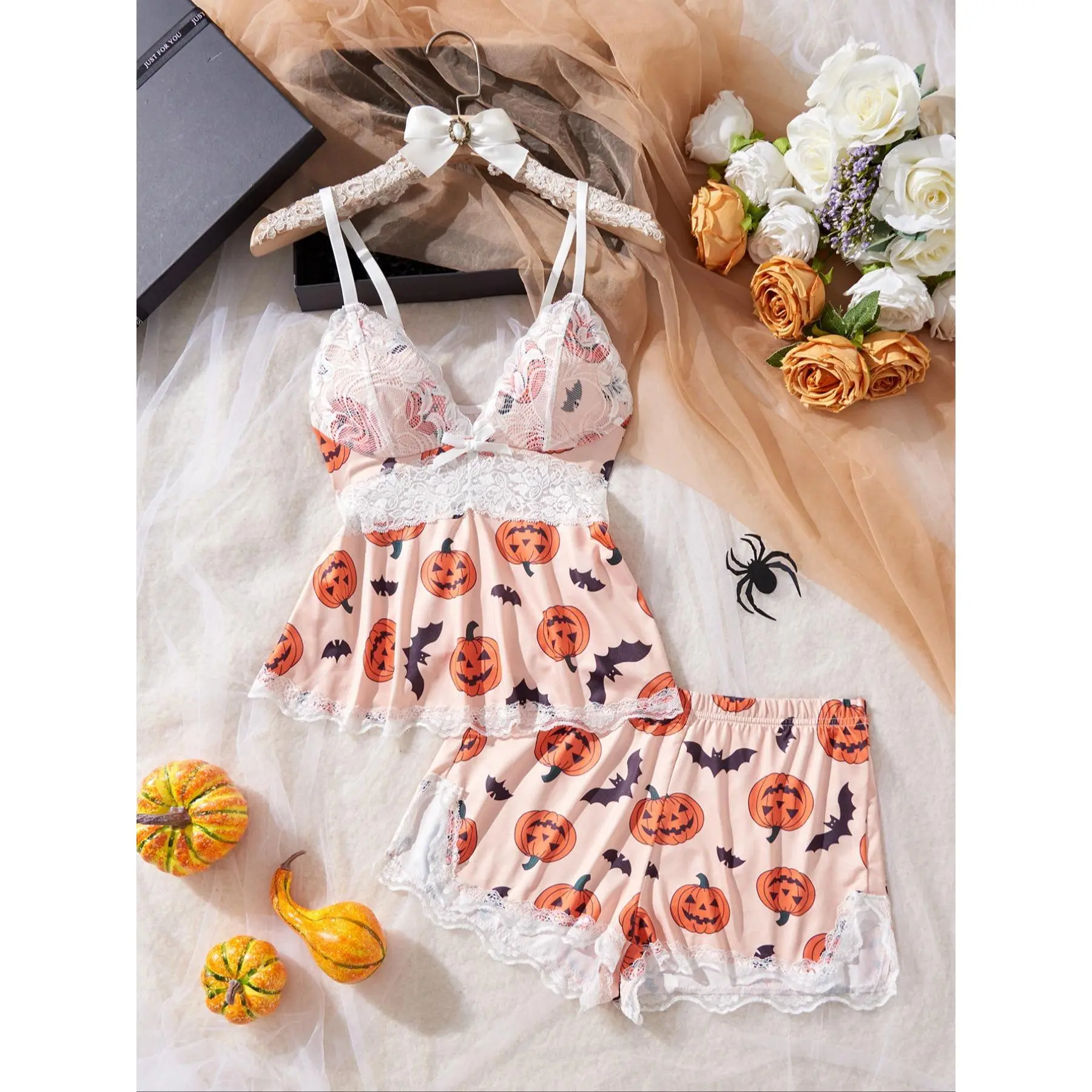 Women's Halloween Pajama Set, Comfortable Casual Sleeveless Top & Elastic Shorts, All-Season Ladies Sleepwear Gift, Simple Style, Chic, Classy, On The Go, All Year Style, Relaxed Fit, Holiday Wear, Breathable