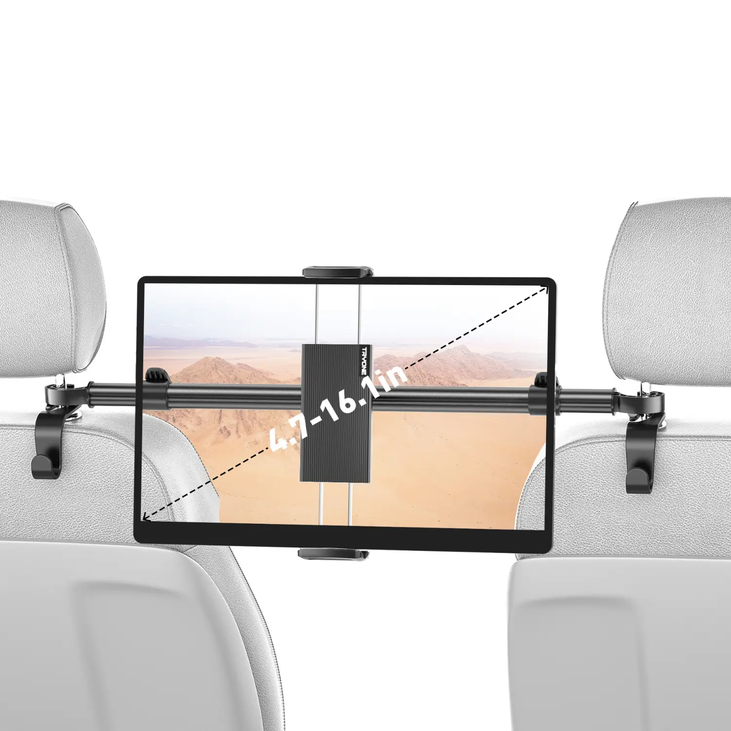 Tryone Car Headrest Tablet Holder, Adjustable, Ultra-Sturdy Rear Seat Child iPad Holder. The clamp's maximum width is 10.8 inches, accommodating devic