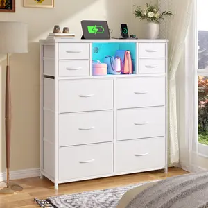 Raybee LED Dresser with 10 Fabric Drawers, Featuring LED Light & Power Outlet, Large Storage Tower with Open Wooden Shelves Metal Frame, Tall Chest of Drawers with Ambient Light for Bedroom Living Room Hallway Dorm Apartment, Small Space Storage Organizer